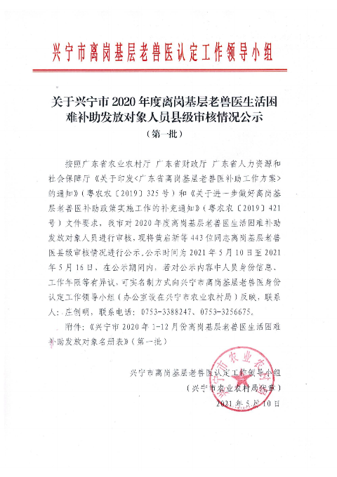关于兴宁市2020年度离岗基层老兽医生活困难补助发放对象人员县级审核情况公示（第一批）（盖章版）_00(1).png