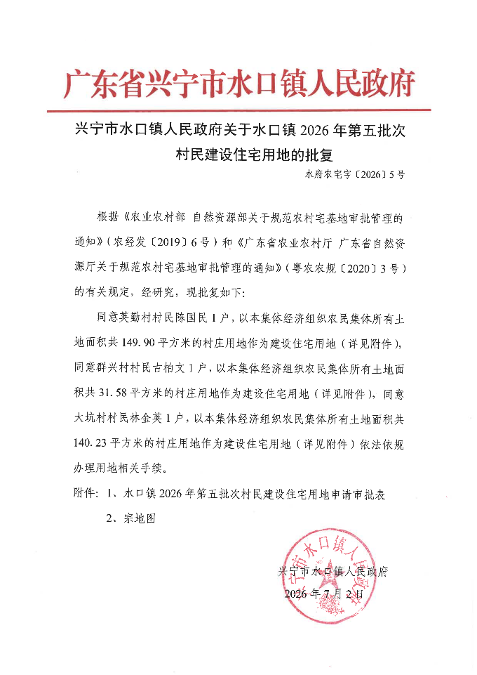 兴宁市水口镇人民政府关于水口镇2026年第二批次村民建设住宅用地的批复_01.png